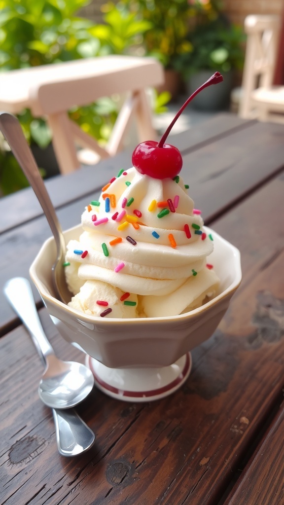 A bowl of vanilla ice cream with sprinkles and a cherry, on a wooden table in an outdoor setting.
